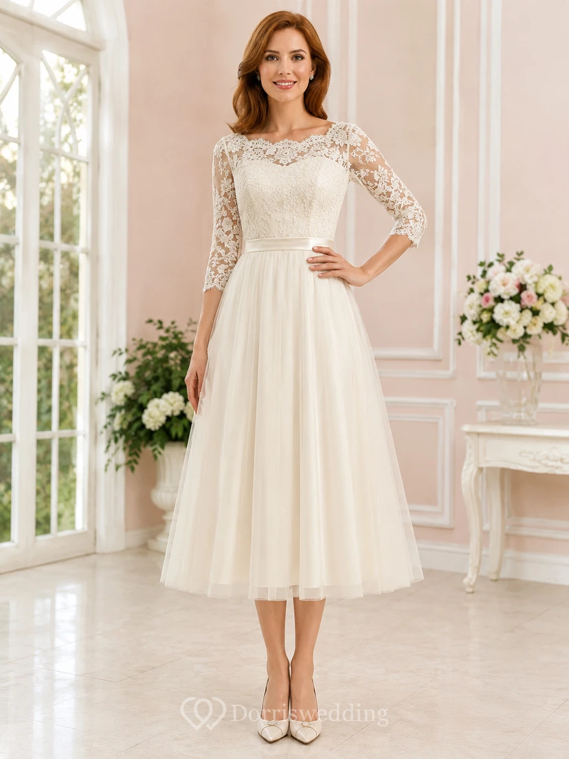 Vestido de cóctel de boda vintage con escote joya, efecto ilusión, mangas tres cuartos, encaje, corte en A y largo hasta la rodilla