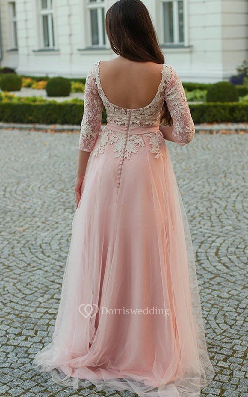 Lace Tulle Floor-length Brush Train A Line 3/4 Length Sleeve Romantic Prom Dress view 2