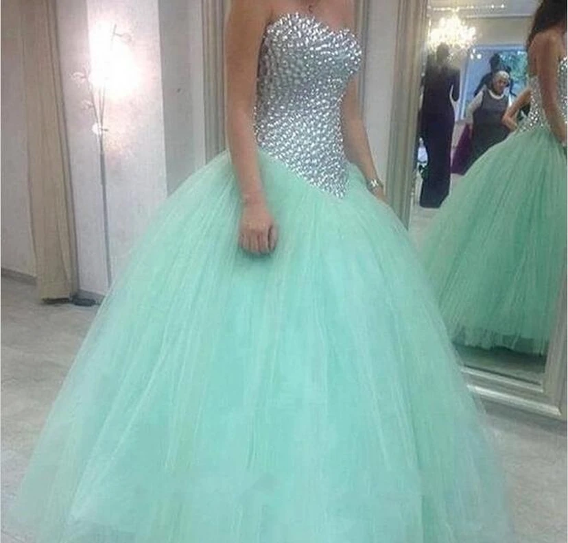 Glamorous Sweetheart Mint Green Wedding Dresses Crystal Tulle Ball Gown Prom Gowns view 2