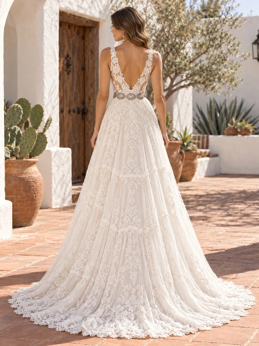 Boho Western Rustic V-neck Medallion Waist Lace A-line Wedding Dress view 2