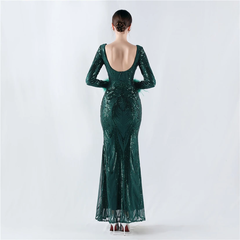 Robe de soirée haut de gamme ornée de perles florales fixes et de poils d'autruche, hôte de la réunion annuelle d'hiver view 51