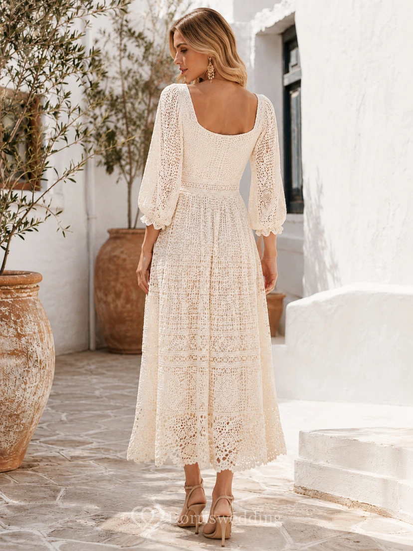 Elegantes weißes Kleid aus gehäkelter Spitze im Ibiza-Stil, A-Linie, Teelänge, mit eckigen Puffärmeln view 2