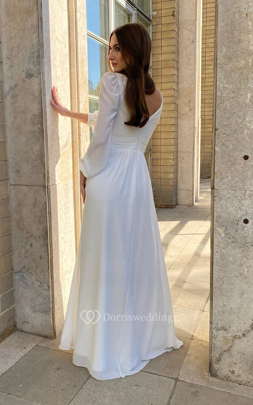 Einfaches Boho-Hochzeitskleid im Landhausstil mit V-Ausschnitt, langen Ärmeln und Raffungen aus Chiffon view 2