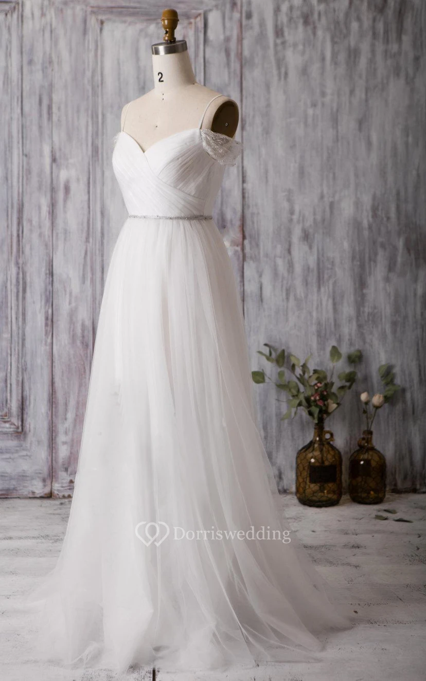 A-Line Pleated Tulle Dress With Crisscross Bodice and Spaghetti Straps view 2