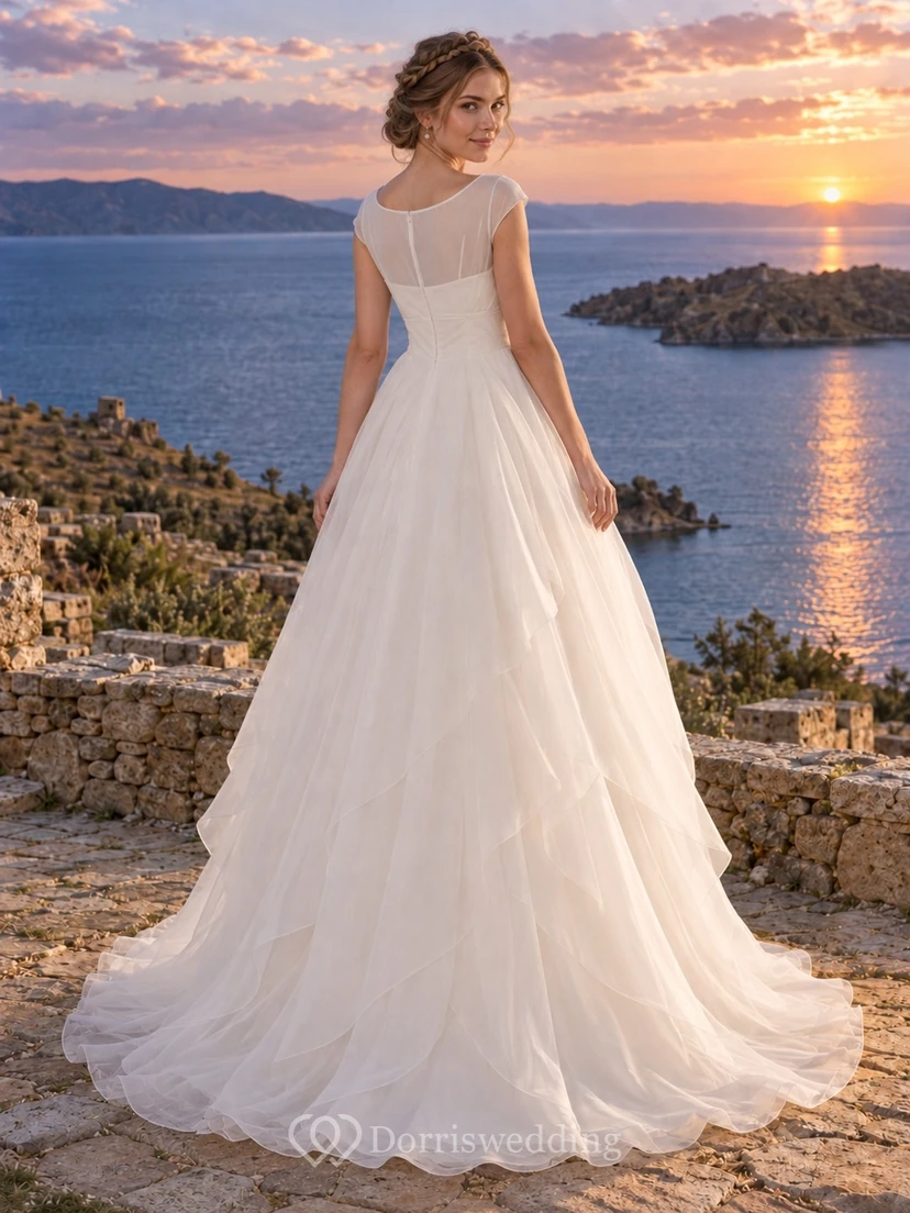 Vestido de novia de organza con escote ilusión, mangas cortas y corte en A, con superposición drapeada. view 2