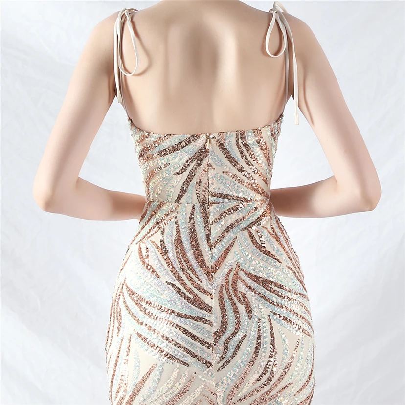Vestido de noche con tirantes, top tipo tubo y lentejuelas apiladas encriptadas, con método de doble atado de cuerda. view 56
