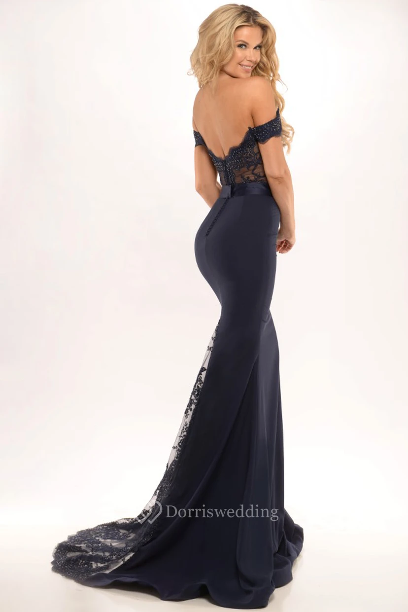 Meerjungfrauen-Abendkleid aus Jersey mit schulterfreiem Ausschnitt, tiefem V-Ausschnitt am Rücken und Schleppe view 2