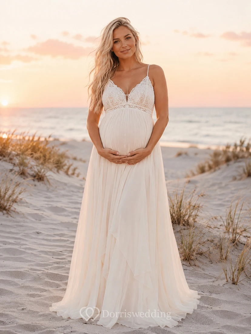 Umstandsbrautkleid, A-Linie, Tüll, Strandkleid mit V-Ausschnitt, Spaghettiträgern und Spitzenbesatz an der Taille