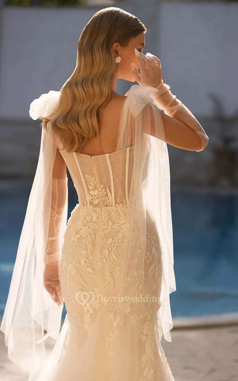 Notched Sweetheart A-line Mermaid Tulle Lace Princess Wedding Dress with Straps and Detachable Skirt view 6