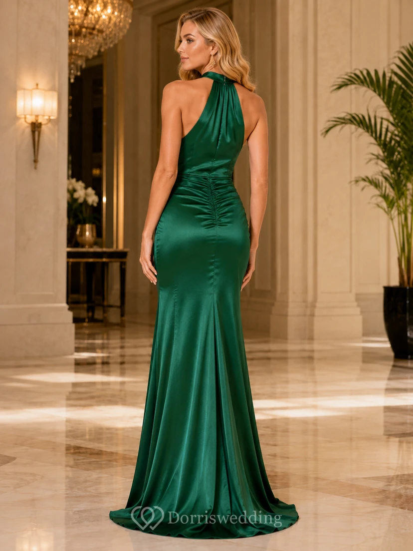 Dark Green Halter Satin Slit Formal Dress view 2