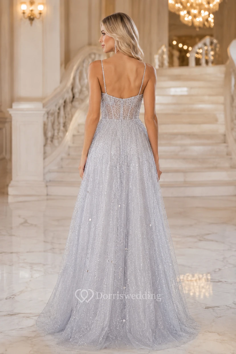 Silbernes, glitzerndes Tüll-Abendkleid in A-Linie mit Spaghettiträgern und Korsett-Oberteil für Abendveranstaltungen view 2