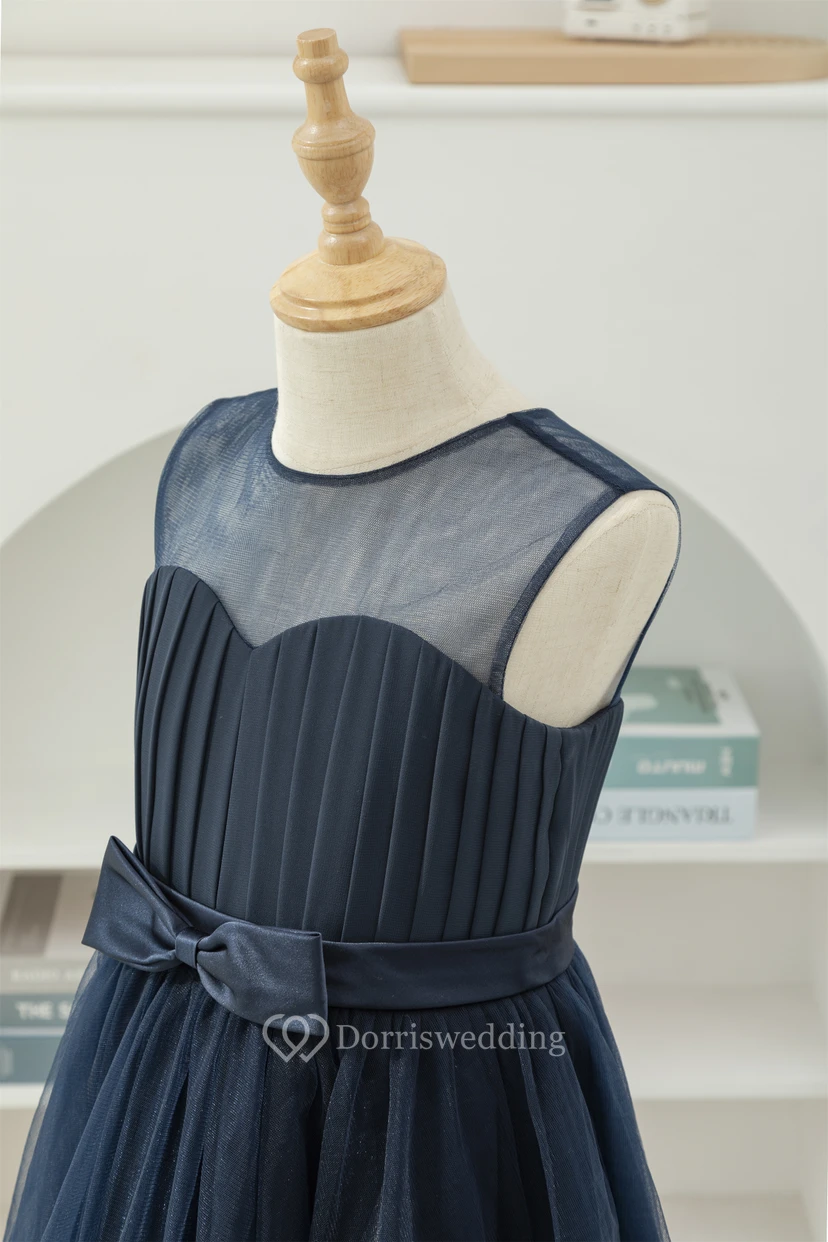 Dark Navy Chiffon Pleated Sleeveless Casual Flowergirl Dress view 5