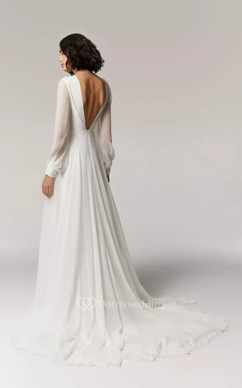 Flowy Chiffon Long Sleeve Empire Sheath Wedding Dress with Low-v Back view 2