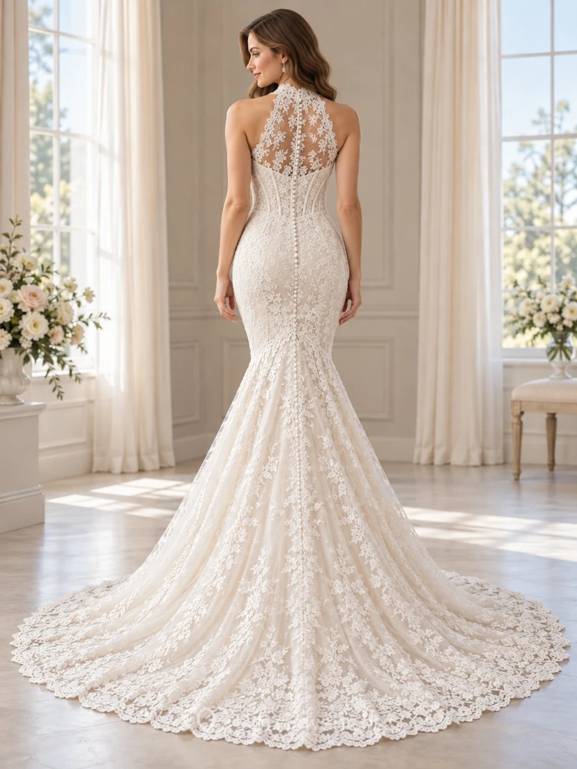 Mermaid High Halter Floral Illusion Lace Train Bridal Wedding Dress view 2