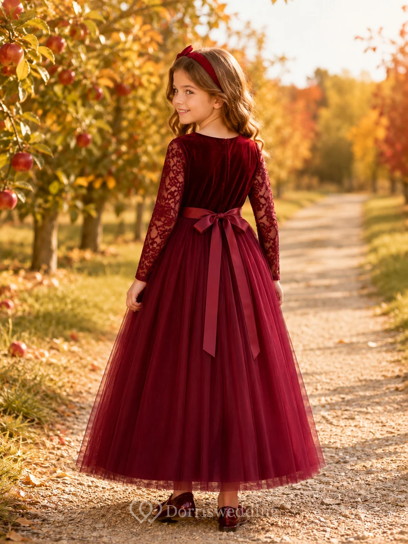 Burgundy Velvet Lace Long Sleeve Tulle Ankle-Length Formal Flower Girl Dress view 2