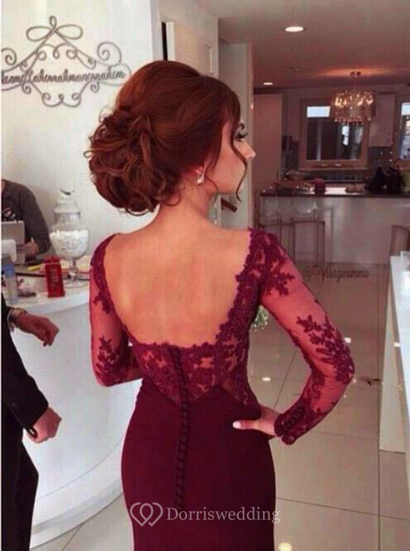 Sheath Satin Lace Sweetheart Long Sleeve Open Back Button Zipper Dress view 2