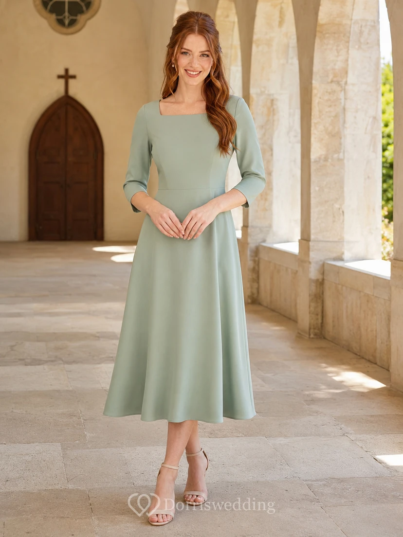 Vestido midi de comunión modesto de manga tres cuartos y cuello joya en color salvia