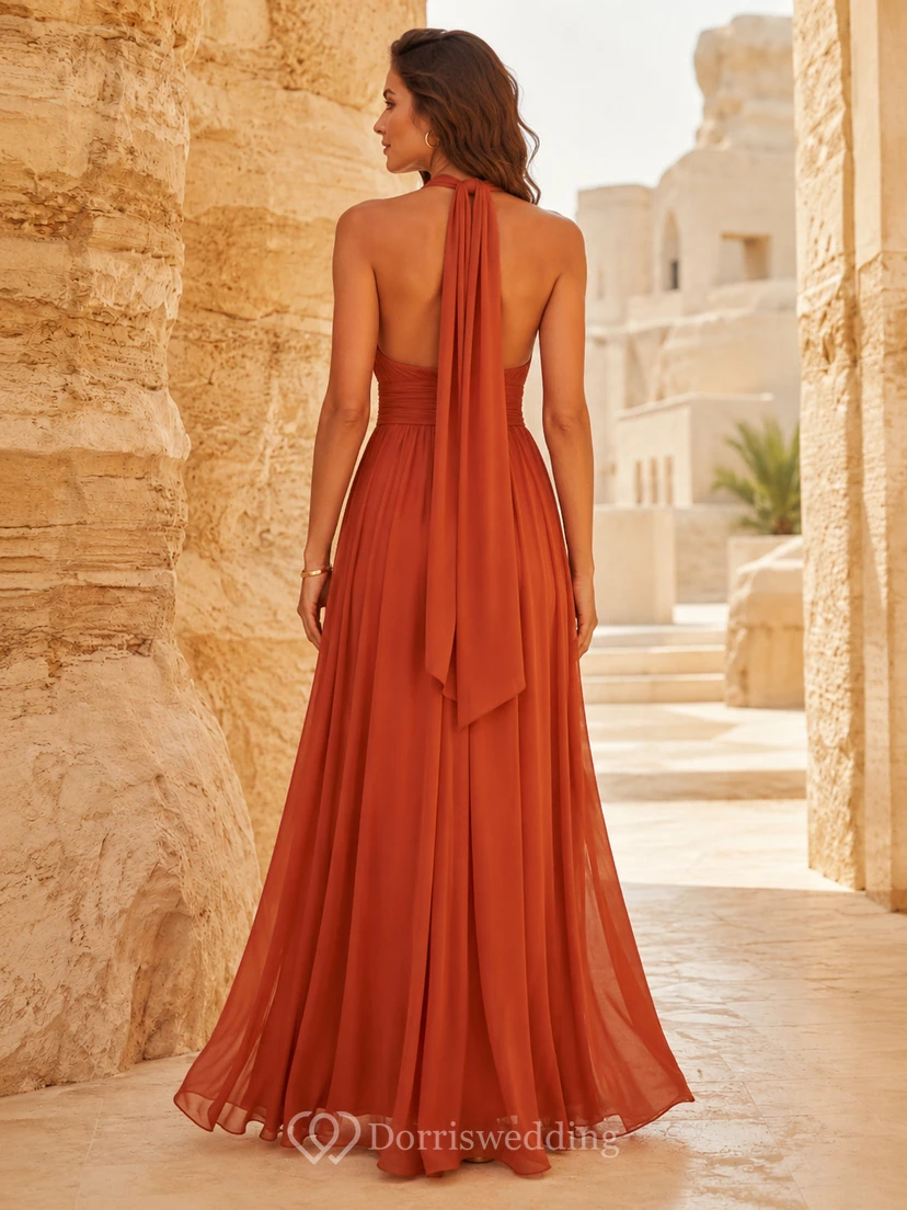 Terracotta halter pleated chiffon desert resort maxi dress view 2
