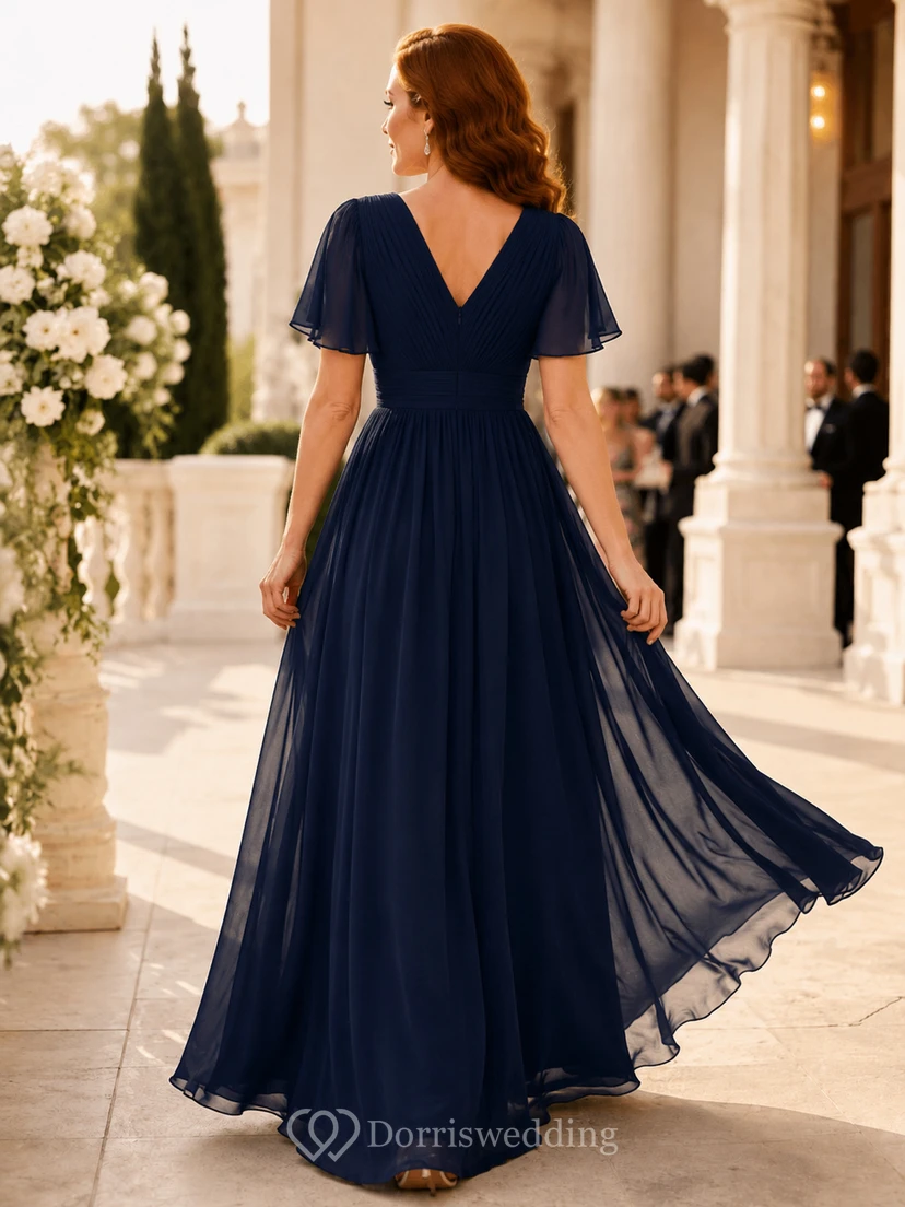 Dark Navy V-Neck Chiffon Black Tie Guest Dress view 2