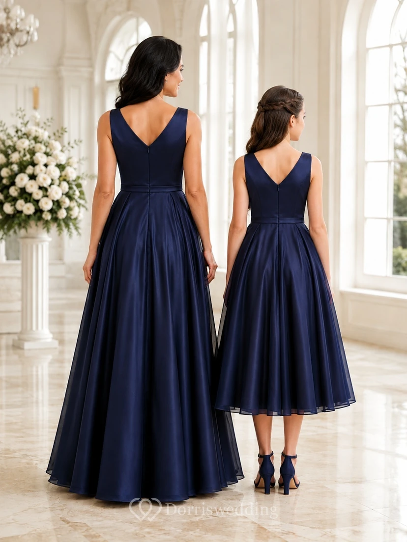 Dunkelblaues, elegantes Brautjungfernkleid für junge Frauen in A-Linie mit Schmucksteinen, ärmellos, aus Satin view 2