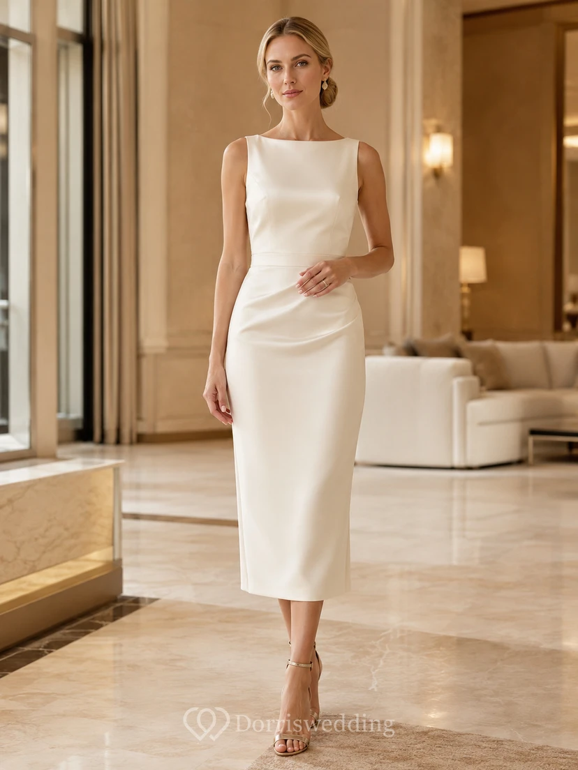 Vestido de cóctel de satén ligero con escote barco