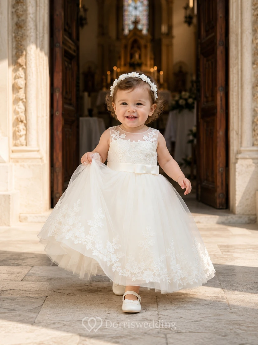 Robe élégante en dentelle sans manches, coupe trapèze, idéale pour une cérémonie religieuse ou un baptême de bébé. Romantique et ravissante, en tulle orné de bijoux, longueur thé.