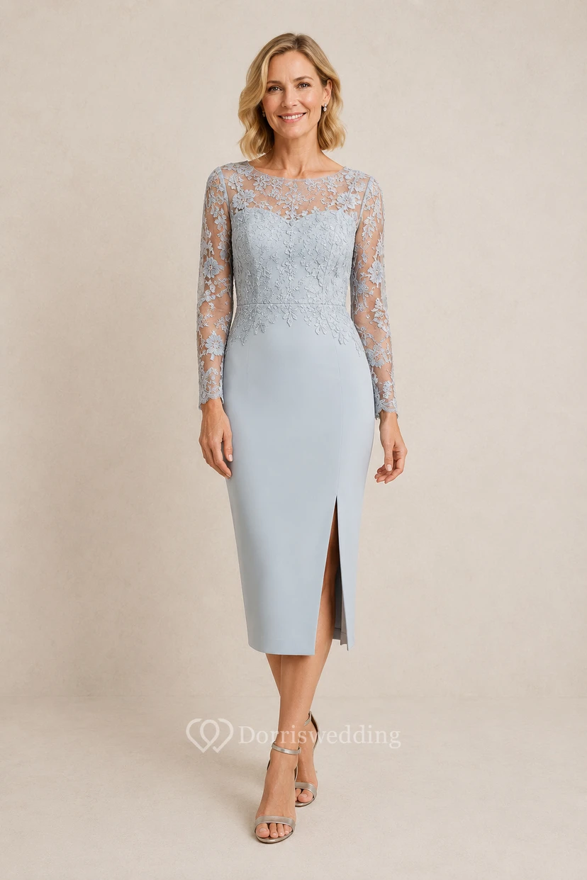 MOB Dress Sky Blue Lace Stretch Satin Sheath Long Sleeve Bateau Neck Knee Length with Slit