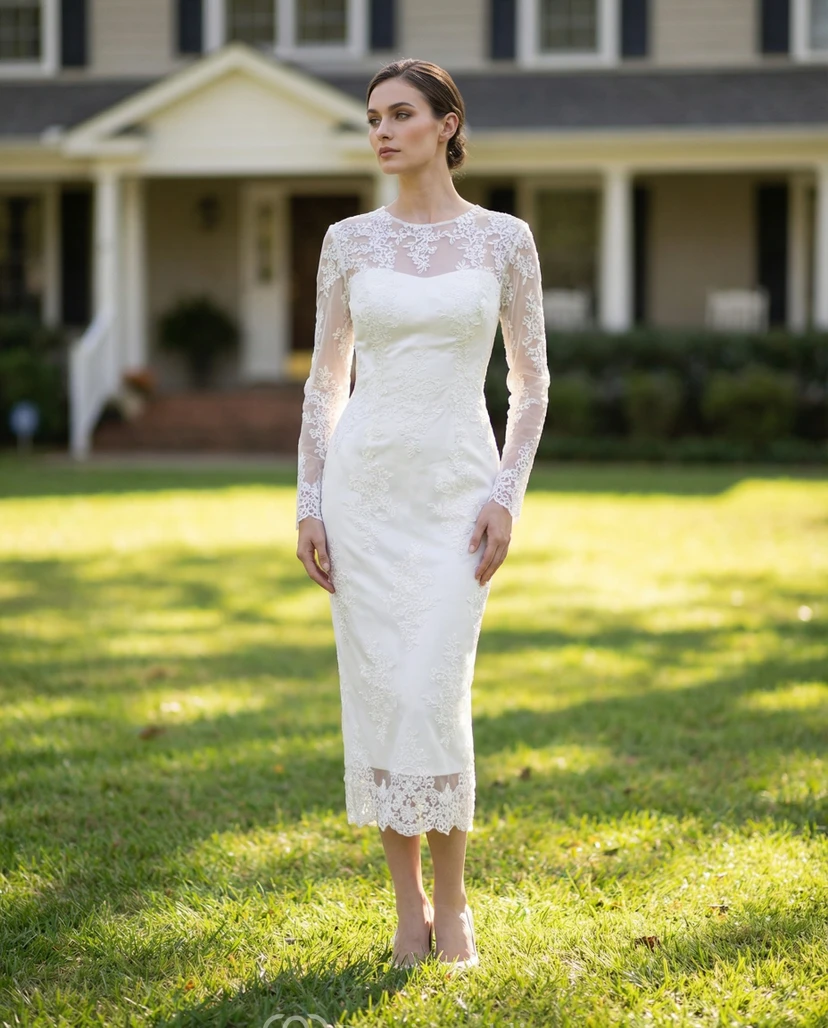 Illusion Lace Applique Short Wedding Dress
