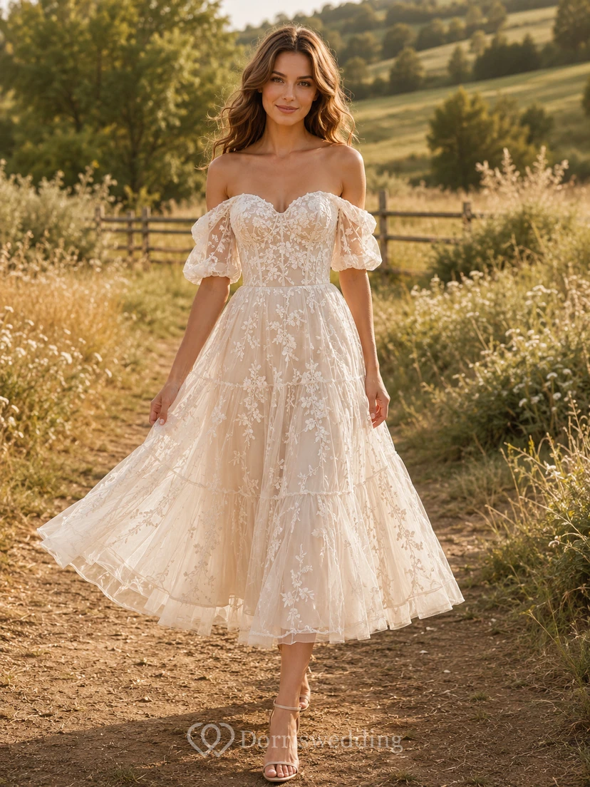 Robe de mariée bohème mi-longue à épaules dénudées, manches bouffantes en dentelle, coupe trapèze et volants