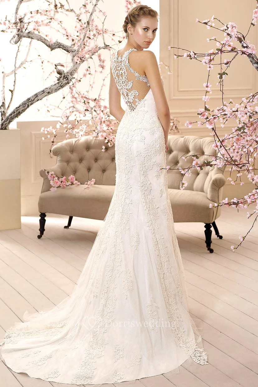 Sheath Sleeveless High-Neck Floor-Length Appliqued Lace Mermaid Wedding Dress view 2