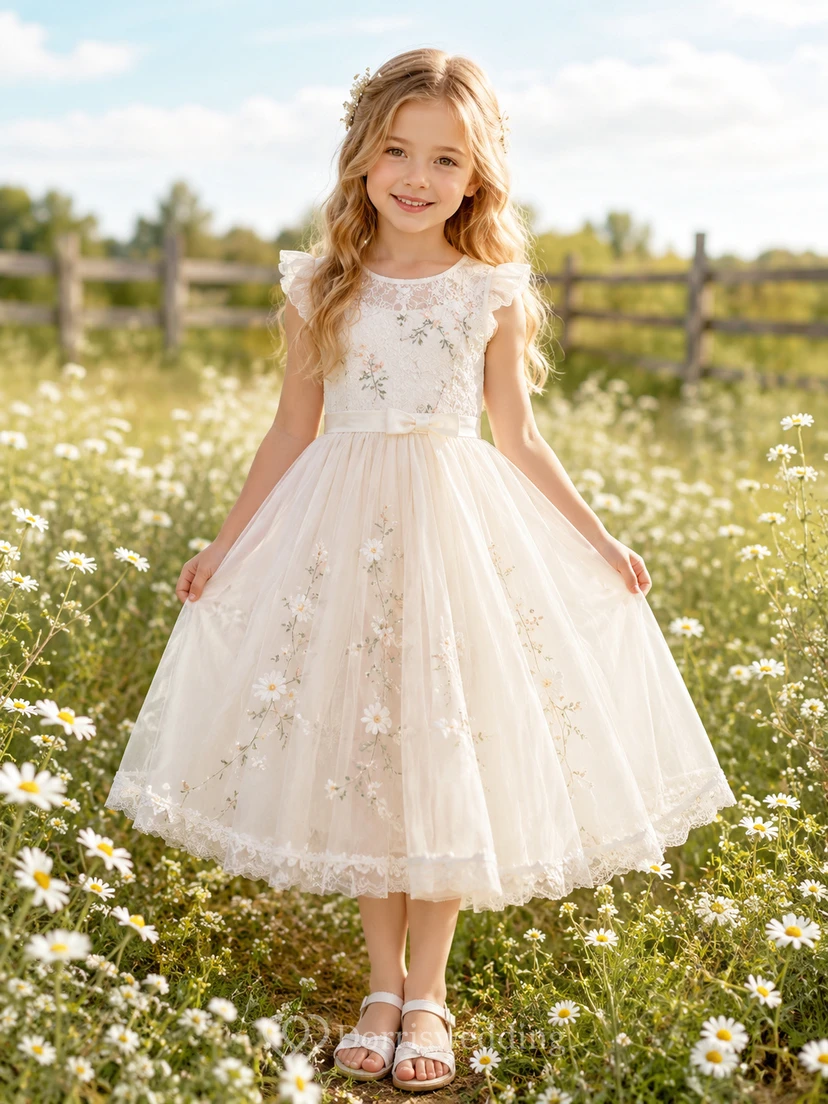 Blumenmädchenkleid aus elfenbeinfarbenem Spitzentüll, A-Linie, kurze Ärmel, Rundhalsausschnitt, Teelänge, Schleife am Rücken, florale Applikationen