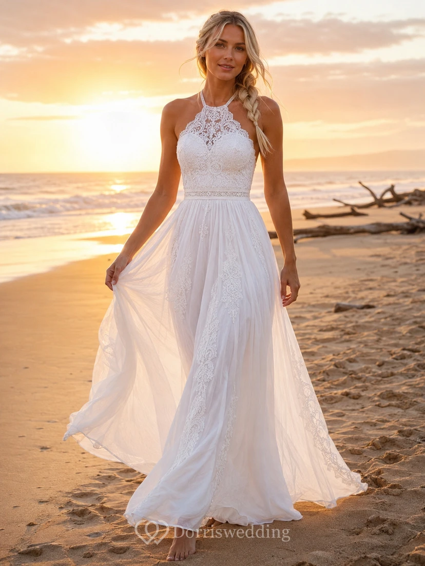 Beach Halter Lace Bodice Chiffon A-Line Wedding Dress