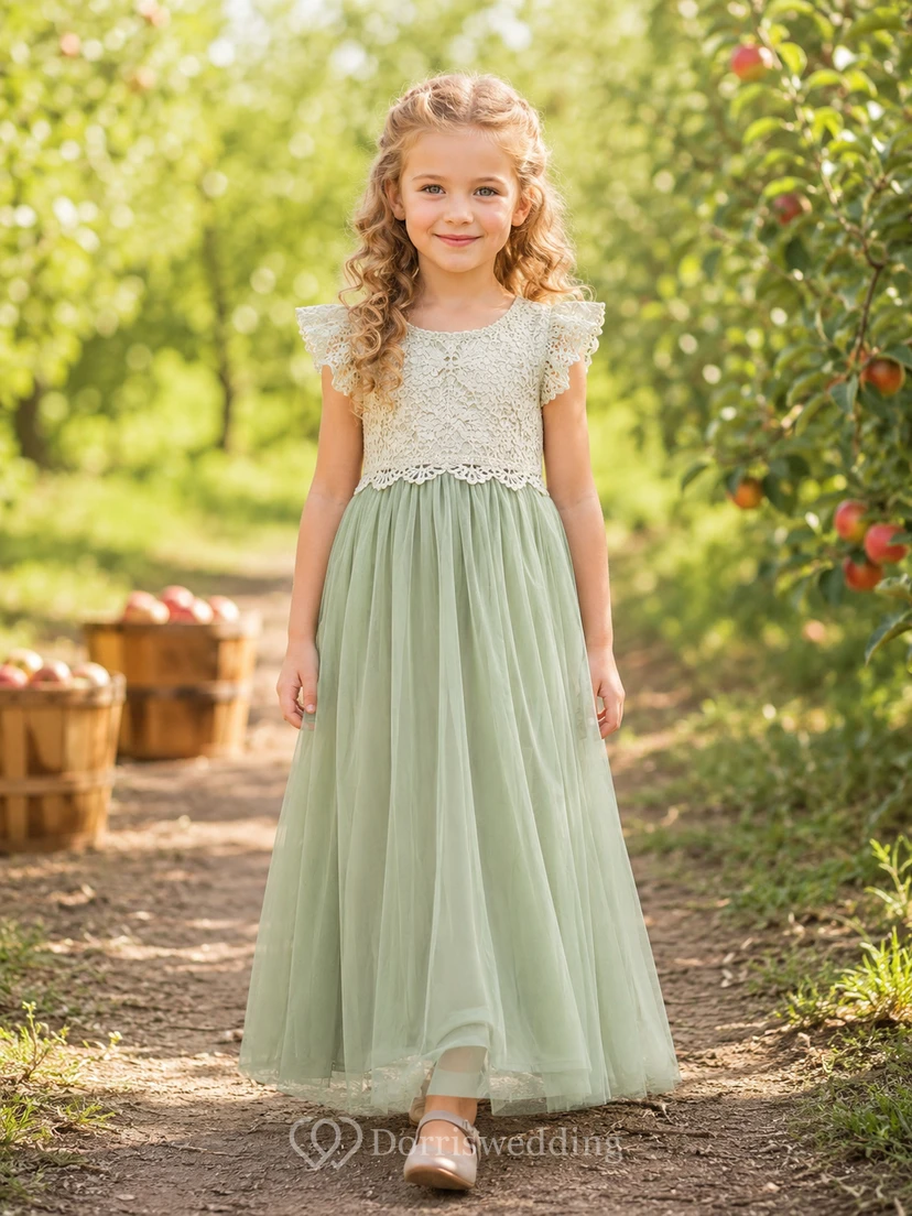 Vestido de jardín para niña de flores, corte A, de tul, con encaje de ganchillo y mangas con volantes, color verde salvia.