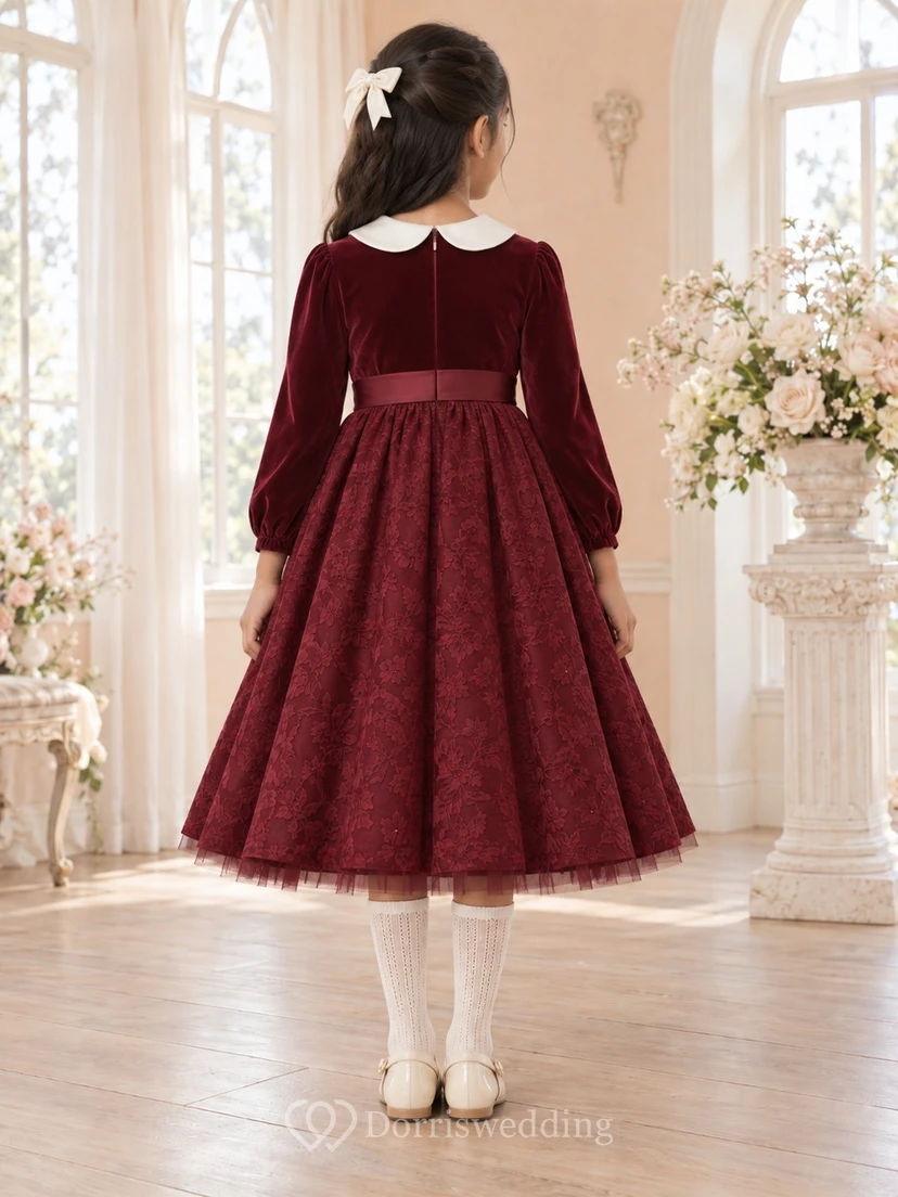 Tea-length Long Sleeve Vintage Burgundy A-Line Velvet Lace-Skirt Peter-Pan-Collar Flowergirl Dress view 2