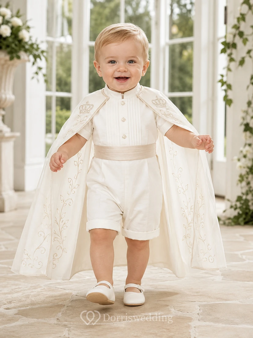 Eleganter weißer Kurzarm-Umhang mit Stickerei für die Taufe eines Jungen