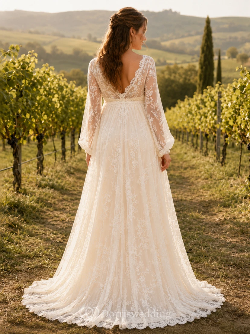 Maternity Lace V Neck Long Sleeve Vineyard Wedding Dress view 2