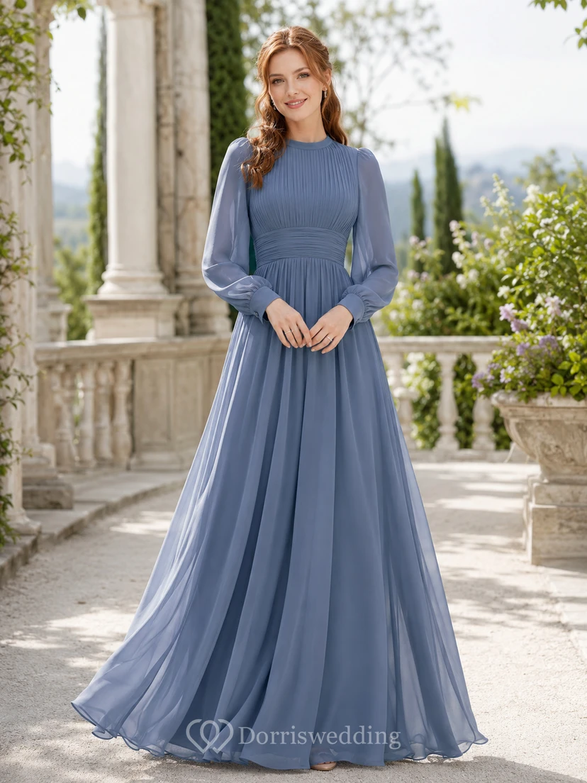 Steel Blue Modest Long Sleeve Chiffon Formal Dress