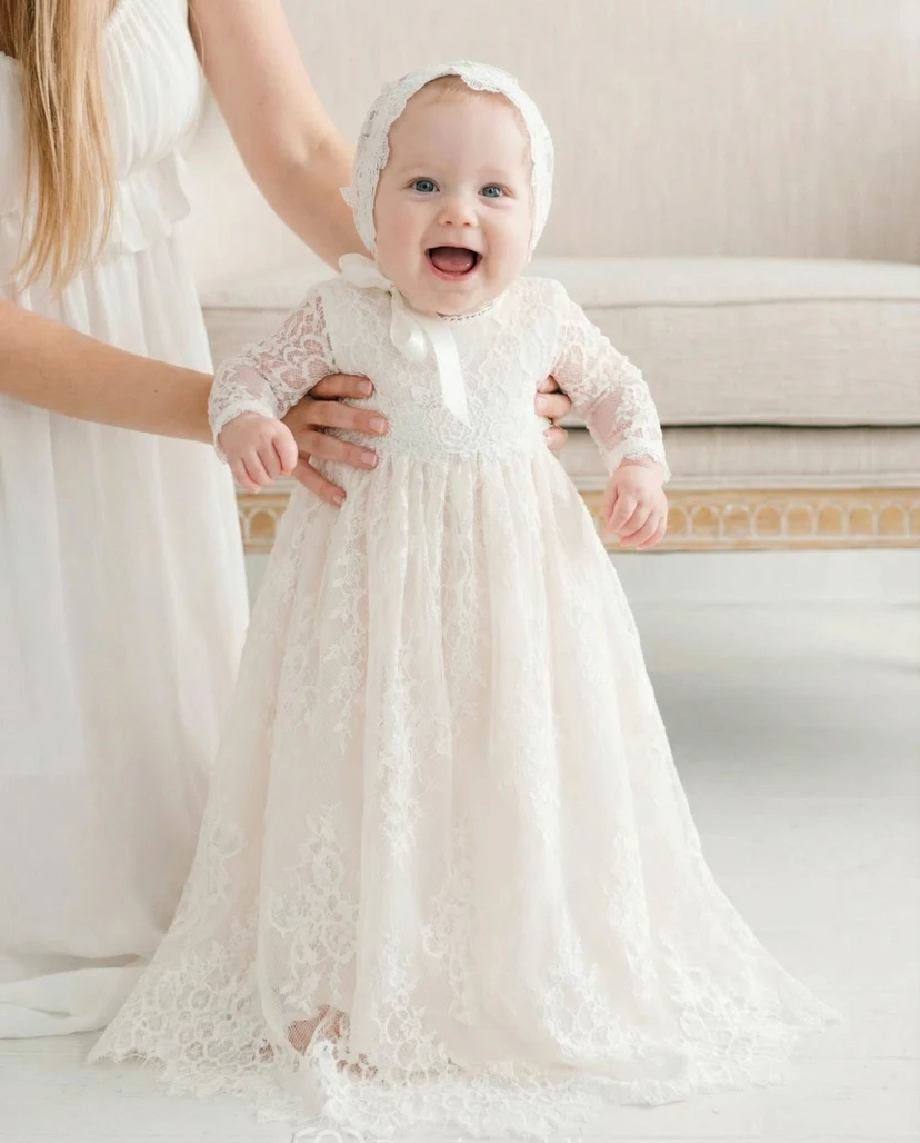 Vestido blanco de manga larga para niña de las flores, vestido de bautizo de encaje y tul.