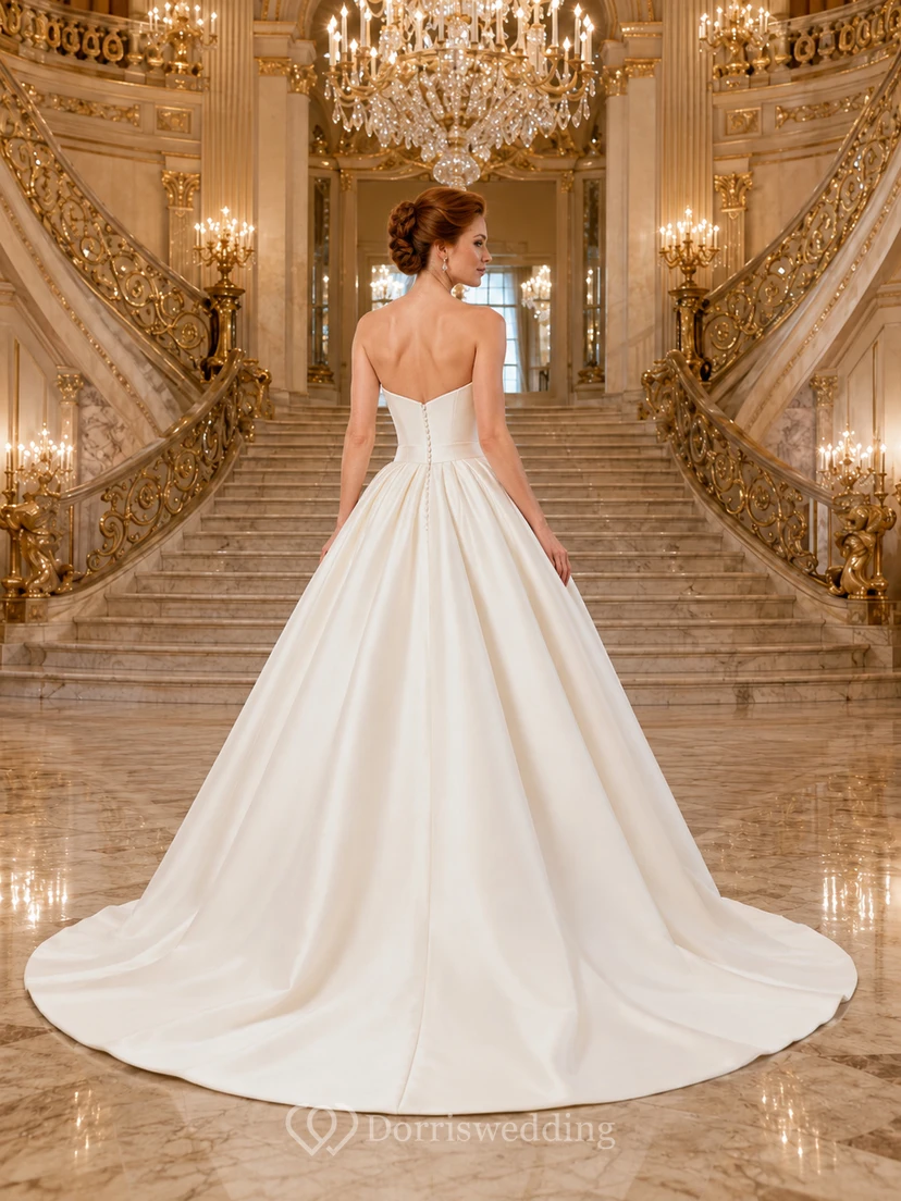 Strapless Sweetheart Satin Princess Ball Gown Chapel Train Wedding Dress view 2