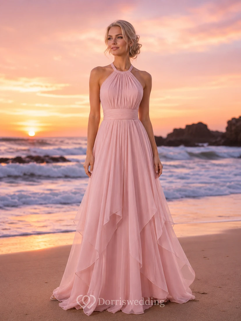 Blush Halter Keyhole Tiered Chiffon Beach Bridal Dress