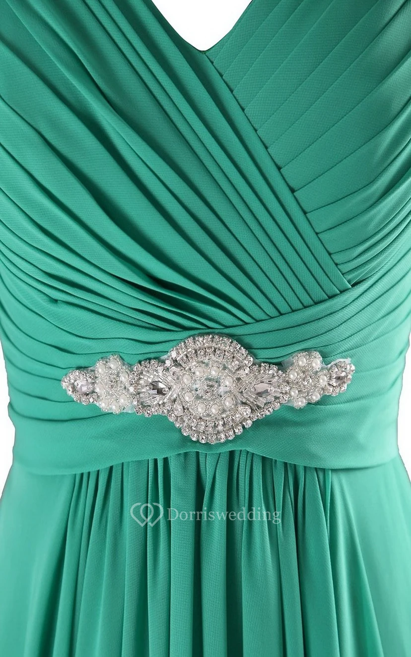 Sleeveless V-neck Empire Long Gown With Pearls view 3