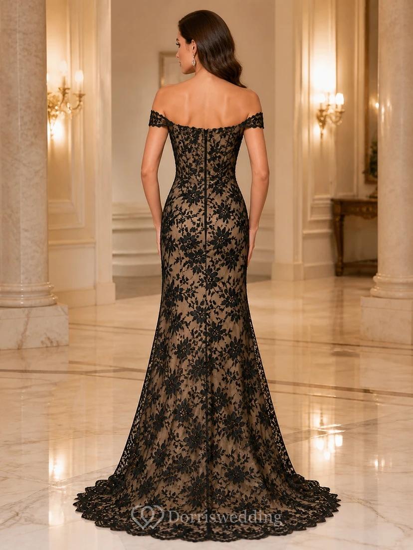 Black Sexy Off-Shoulder Mermaid Floral Lace Court Train Evening Gown view 2
