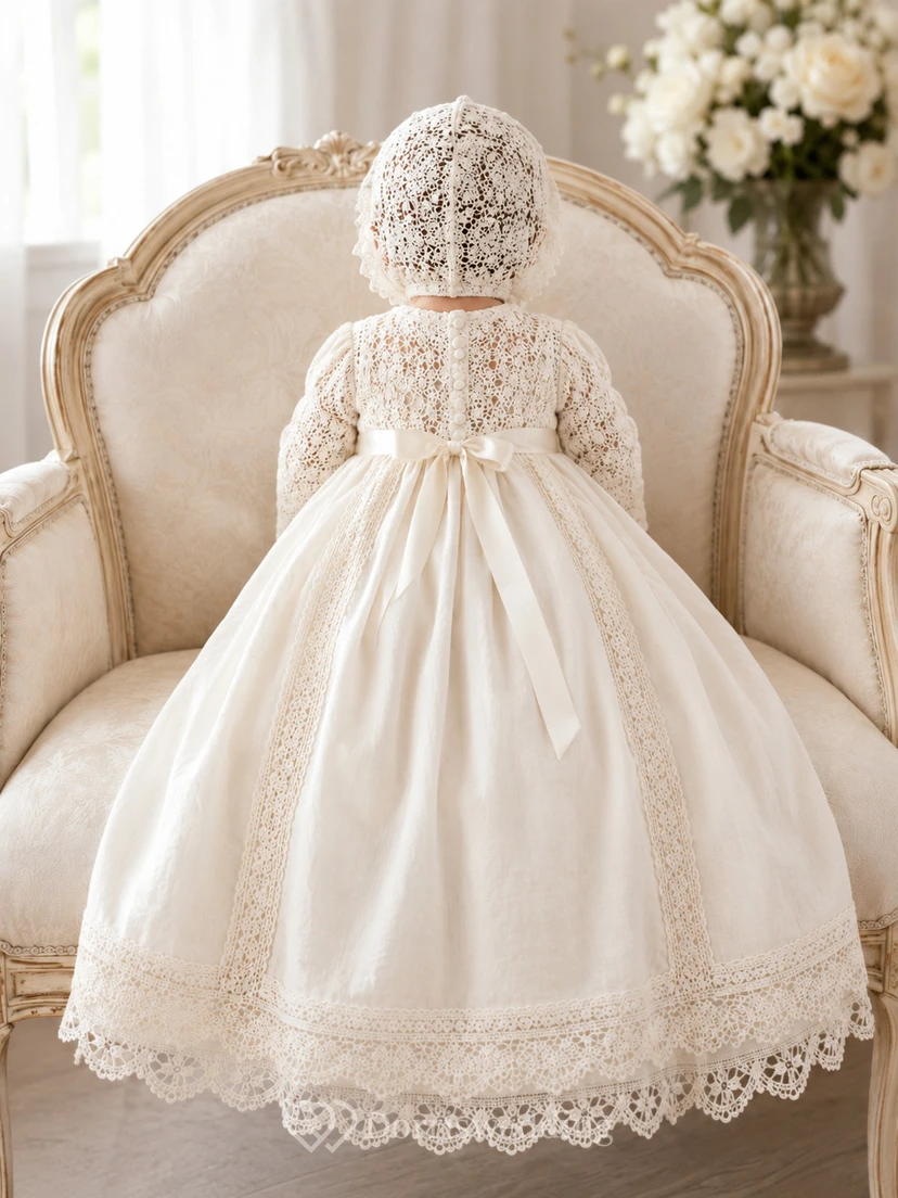 Vestido de bautizo de bebé de encaje de ganchillo, corte A, manga larga, cuello alto, elegante y vintage. view 2
