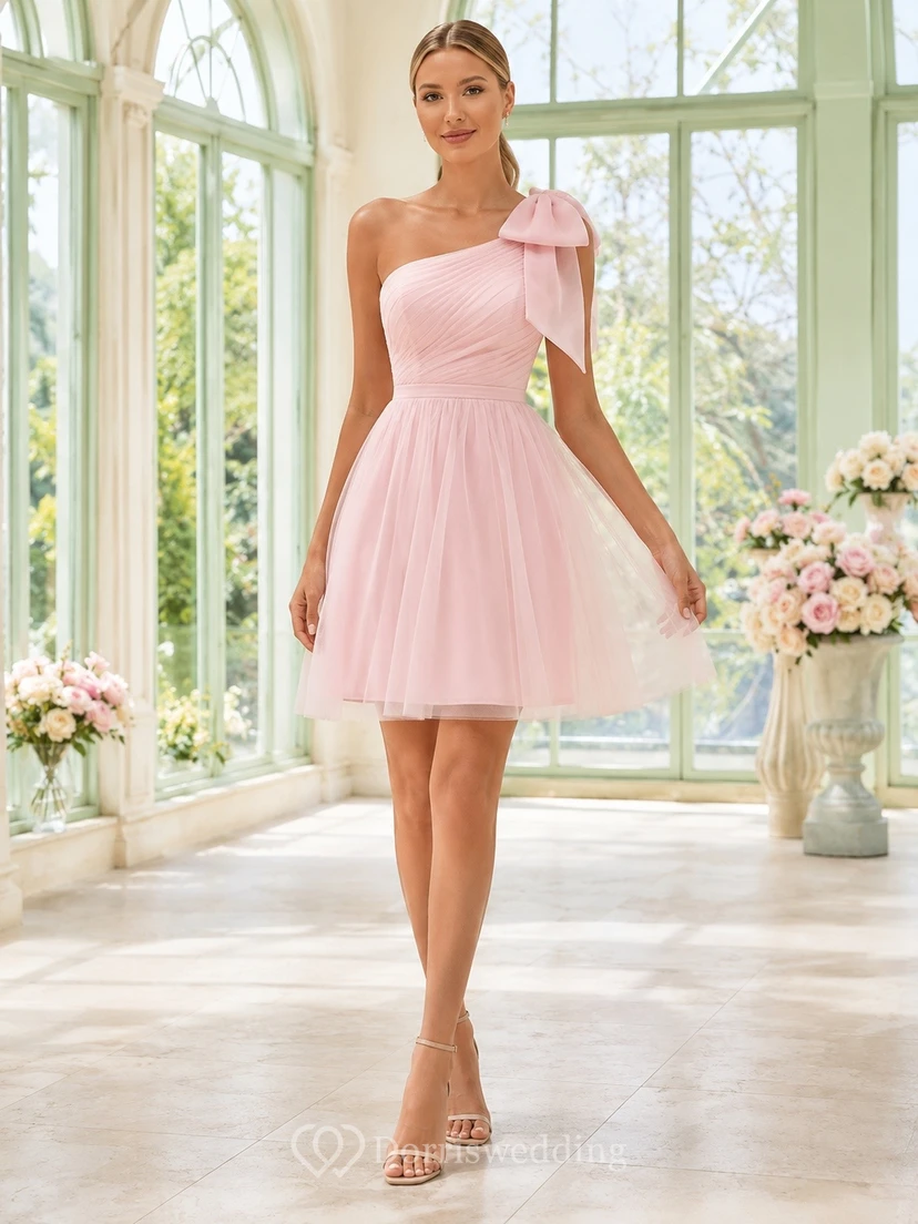 Blush Chiffon One-Shoulder Bow Sleeveless Short A-Line Dress