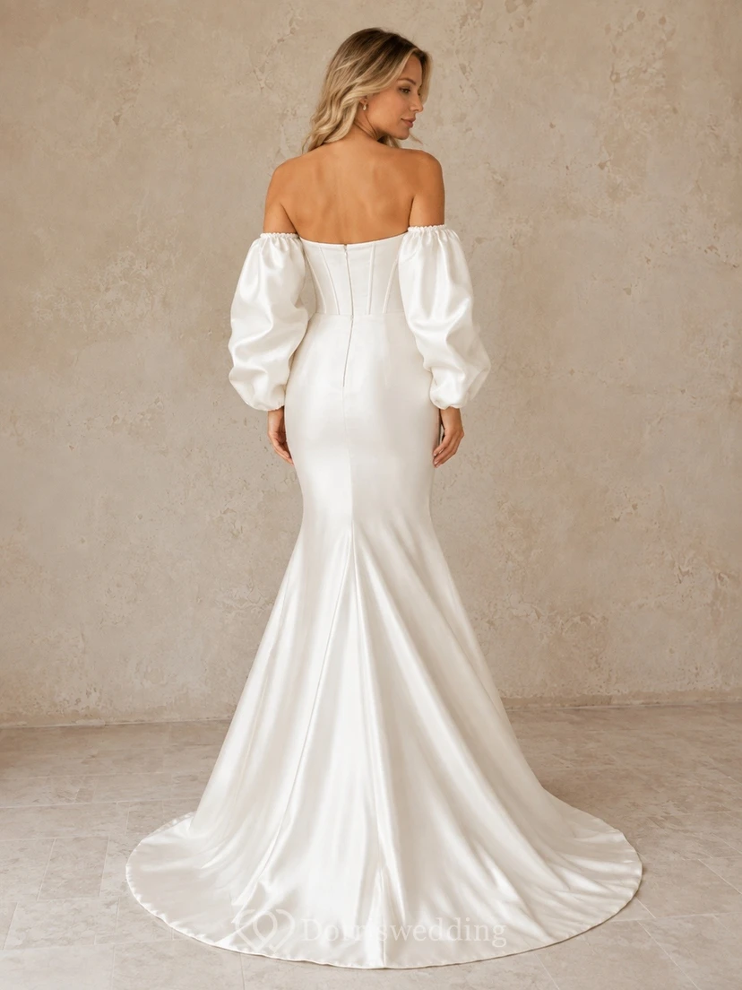 Vestido de novia largo hasta el suelo con corsé abullonado desmontable y mangas largas estilo sirena view 2
