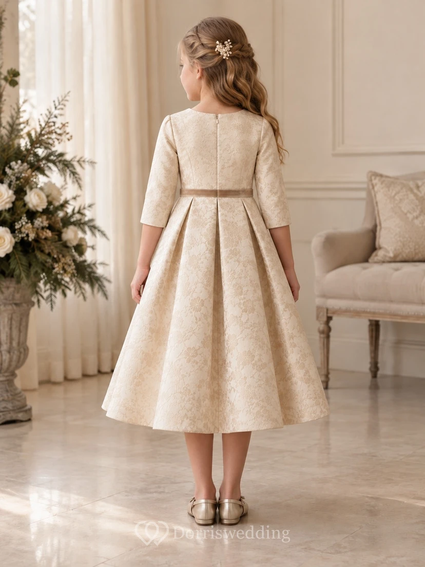 Champagnerfarbenes, plissiertes Blumenmädchenkleid mit floralem Jacquardmuster, Dreiviertelärmeln und Teelänge view 2