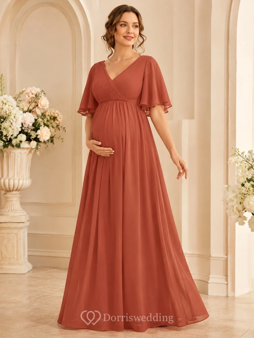 Terracotta Maternity V-Neck Short Sleeve Chiffon A-Line Floor Dress