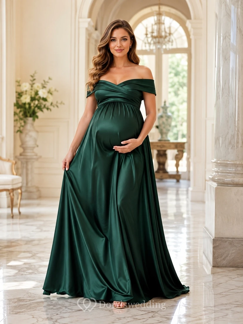 Robe de soirée longue en satin vert foncé à épaules dénudées, modèle maternité