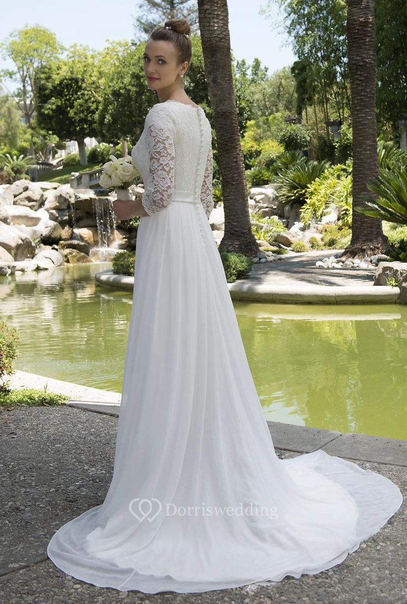 Vestido de novia informal y modesto de playa con escote redondo, encaje y gasa, con mangas de 3 a 4 pulgadas. view 5