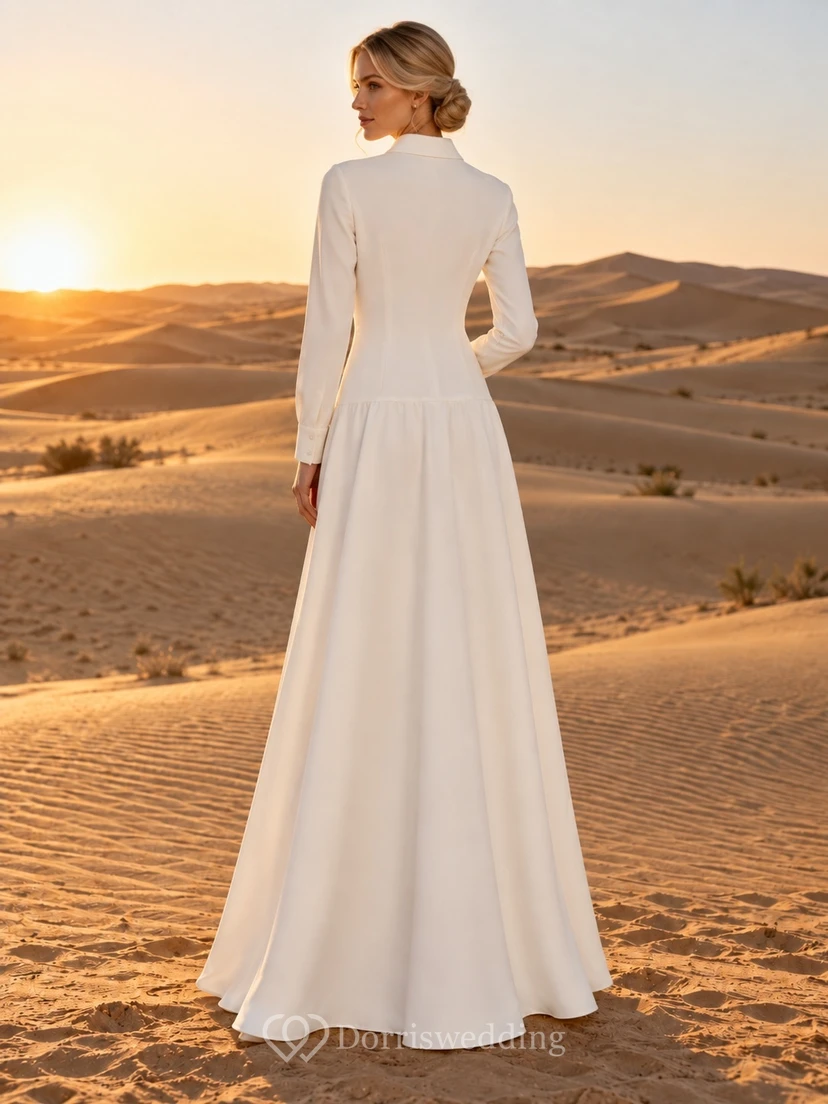 Simple Casual Long Sleeve Collared Button Front Dropped Waist A Line Wedding Dress view 2